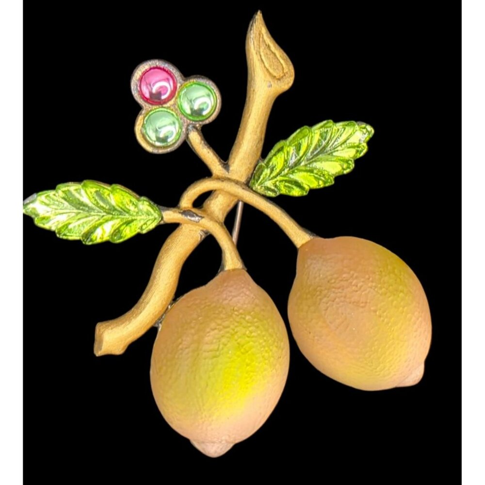 Rare VTG Loran Glass Lemon Brooch Pin Frosted Fruit Art Lime Textured Gold Tone